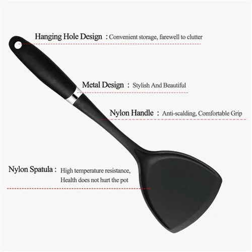 Vista 3 de Juego de herramientas de cocina de nailon resistente a altas temperaturas, kit de palas de 10 piezas de utensilios de cocina negros, suministros