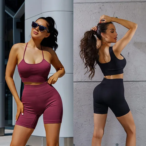 Vista 4 de Conjuntos de entrenamiento para mujer, 4 piezas, sin costuras, brasier deportivo de cintura alta, pantalones cortos para yoga, gimnasio, conjunto