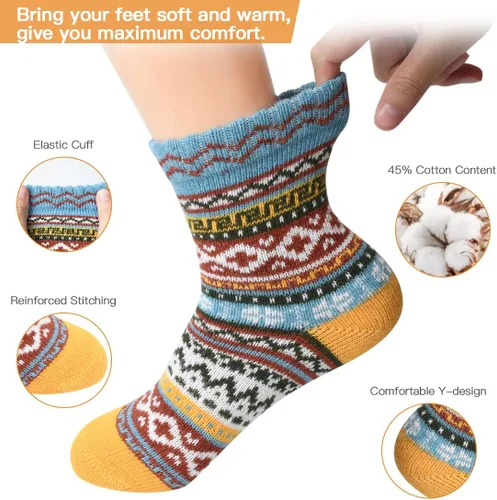 Vista 2 de FYC Winter Womens Socks Wool Warm Thick Knit Cozy Crew Casual Vintage Soft Socks for Women Christmas Gifts Socks 5 Pairs