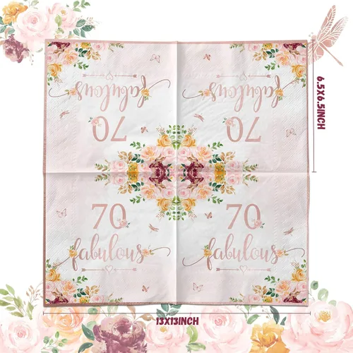 Vista 2 de Decoraciones de cumpleaños número 70 para mujer, 40 servilletas de papel falulous de color oro rosa, suministros de fiesta de cumpleaños