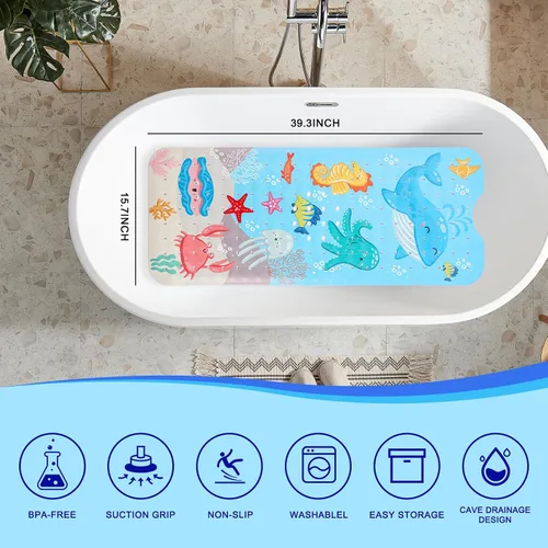 Vista 2 de PRATIQUE Alfombra de baño para niños antideslizante de 40 x 16 pulgadas, extra larga, tapete de baño para niños, tapete de seguridad antideslizante