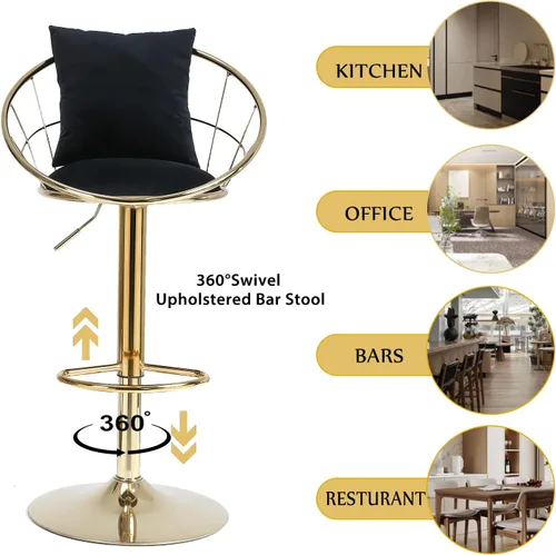 Vista 7 de Taburetes de bar giratorios de terciopelo con respaldo bajo y reposapiés, taburetes de bar ajustables con almohada, taburete de bar dorado de lujo