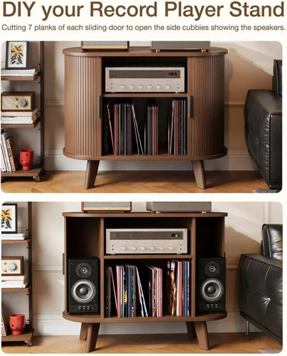 Vista 3 de Soporte para tocadiscos, mueble moderno de mediados de siglo con puertas correderas, gabinete de estantería de audio-video, soporte de medios