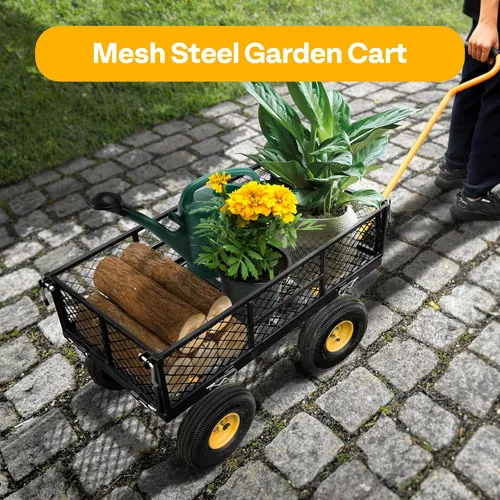 Vista 7 de VIVOHOME Carrito de jardín de acero de malla de alta resistencia de 880 libras de capacidad, vagón utilitario plegable con lados extraíbles y ruedas