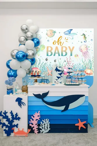 Vista 4 de Avezano Fondo para baby shower con texto en inglés "Under The Sea", para baby shower, fondo de fotografía de baby shower, decoración subacuática, 7