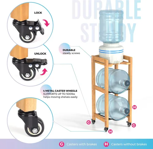 Vista 3 de Soporte para jarra de agua de 3 niveles y 5 galones con estante superior, 4 ruedas de metal o pies ajustables, soporte de piso dispensador de agua
