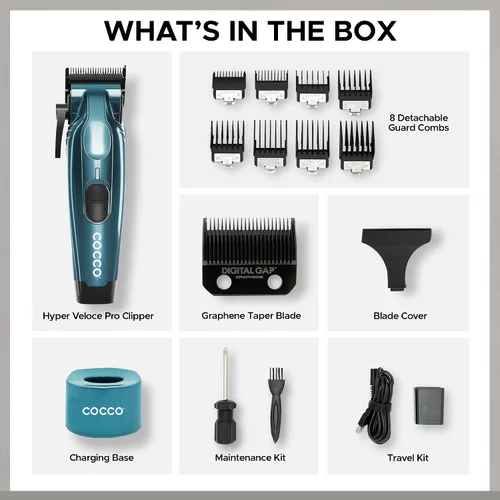 Vista 8 de Cocco Hyper Veloce Pro Clipper, Digital Gap Ambassador Graphene Taper Blade Profesional Clipper, Motor BLDC de alto par, totalmente metálico