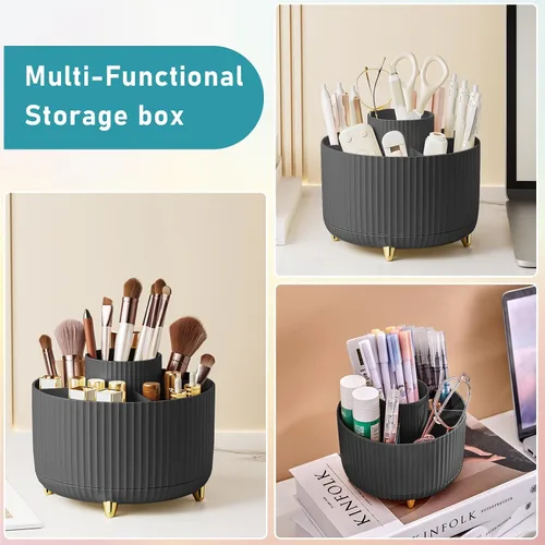 Vista 4 de Organizador para brochas de maquillaje, organizador de brochas de maquillaje giratorio 360°, taza con 5 ranuras para brochas de maquillaje