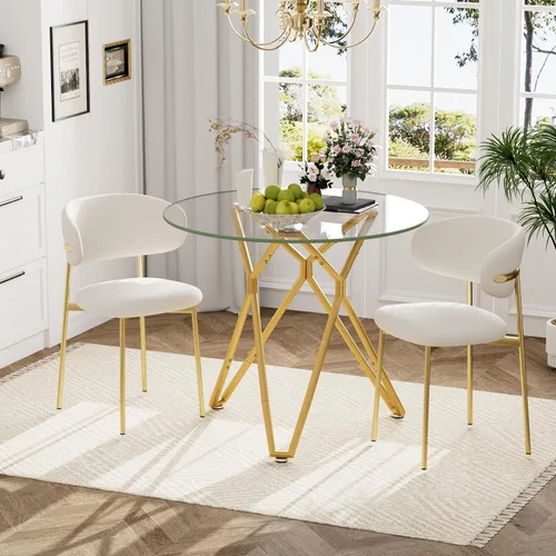 Vista 4 de Mesa de comedor redonda de 35.4 pulgadas para 4, moderna mesa de cocina de vidrio transparente para 4 personas con patas de metal dorado, mesas