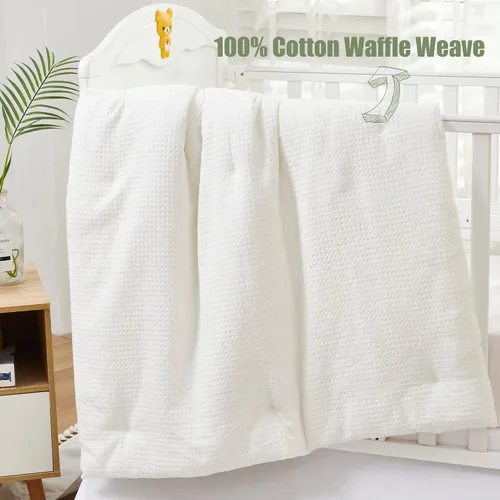 Vista 2 de Brandream Juego de ropa de cama de 3 piezas para cuna de bebé, color blanco sólido, 100% algodón, tejido de gofre, de coco, elegante, unisex
