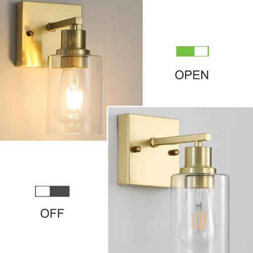 Vista 7 de Paquete de 2 lámparas de pared para sala de estar, luces de tocador de oro cepillado con pantalla de cristal, apliques de pared modernos de granja