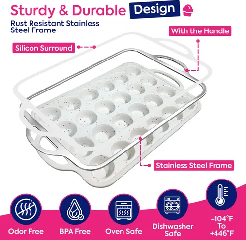 Vista 3 de RICCLE Paquete de 2 mini moldes de silicona para magdalenas con marco reforzado de metal, mini moldes de silicona para magdalenas de 24 tazas