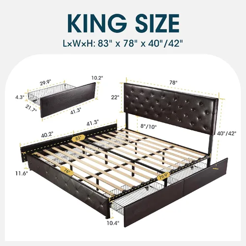 Vista 89 de WEEWAY Base de cama de plataforma tamaño King con 4 cajones de almacenamiento, cabecera capitonada con botones de costura de diamante, base de Negro