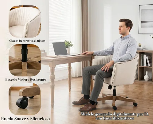 Vista 5 de Silla de escritorio de piel sintética beige, silla de escritorio tapizada giratoria con brazo ajustable con cabezas de clavos, cómoda silla