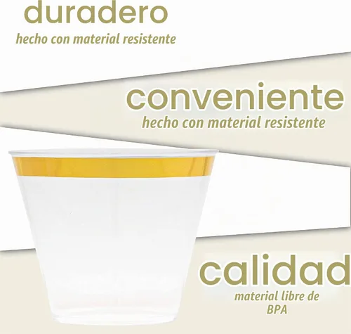 Vista 7 de Vasos de plástico desechables de 9 onzas, borde dorado de 100 unidades Transparente con borde dorado.