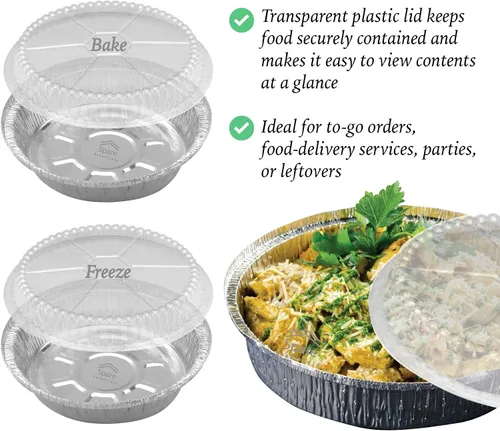 Vista 11 de Paquete de 55 sartenes redondas de aluminio de 7 pulgadas con tapas, sartenes de papel de aluminio con tapas transparentes, sartenes redondas aptas