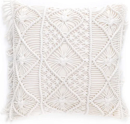 Vista 6 de Juego de 2 fundas de almohada de macramé, 100% algodón, decorativas, con flecos, decoración bohemia para el hogar