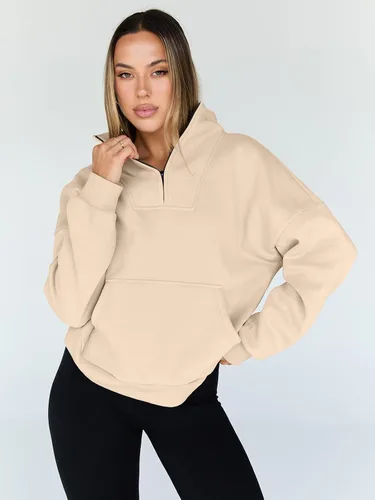 Vista 2 de Trendy Queen - Sudaderas con medio cierrey capucha de gran tamaño, comoda, extragrande, para otoño, Y2K, ropa de invierno, 2024 Albaricoque