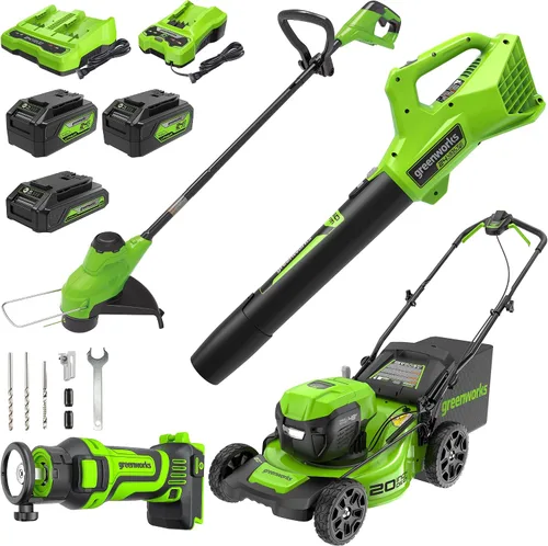 Vista 12 de Greenworks Juego de herramientas de jardín de 5 piezas de 48 V (24 V x 2): cortacésped de empuje de 20 pulgadas, recortadora de cuerdas de 12