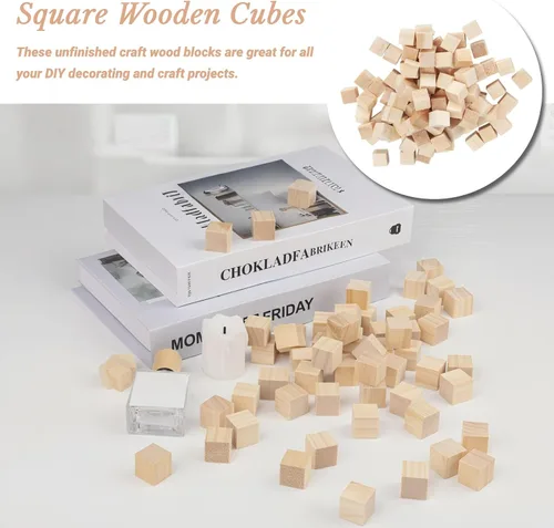 Vista 4 de Cubos de madera, 100 unidades, bloques de madera de 0.4 in, cubos de madera sin terminar, pequeños bloques cuadrados de madera para manualidades