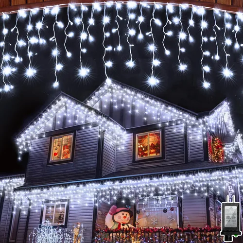 Vista 16 de 612 luces LED de Navidad de 60 pies con 136 gotas, 12 modos regulables, luces colgantes blancas frías al aire libre con memoria de temporizador