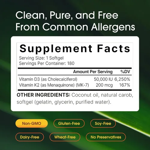Vista 3 de NatureBell Vitamina D3 50,000 UI con Vitamina K2-180 Cápsulas blandas – Apoyo óseo e inmunológico de alta potencia* – Fácil absorción con aceite