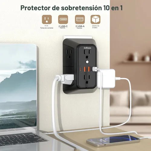 Vista 2 de JcBlaon Extensor de Enchufe Protector de Sobretensiones - Divisor de 6 Salidas con 4 Puertos USB (2 USB C), Expansor de Enchufes Múltiples Cargador
