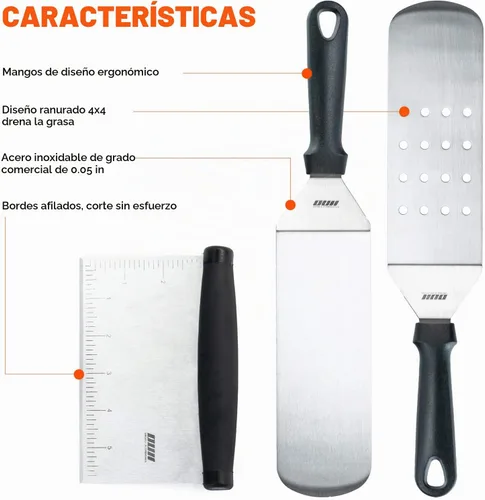 Vista 3 de Accesorios de plancha plana para parrilla Blackstone y Camp Chef - Juego de 9 piezas con kit de limpieza de plancha y bolsa de transporte. Espátula