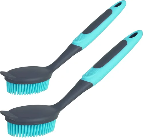 Vista 8 de Juego de 2 cepillos para platos con mango largo Limpiador de platos con cerdas rígidas para cocina, fregadero, ollas, sartenes