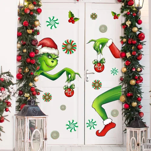 Vista 14 de Adhesivo decorativo para puerta de Navidad, calcomanías de puerta de vidrio de temporada extraíbles con calcomanías de copo de nieve para ventana