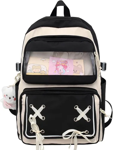 Vista 8 de Mochila Kawaii con bonitos accesorios para portátil de 15.6 pulgadas, mochila de viaje casual, bolsa estética para regalo de nuevo semestre, 01-rosa