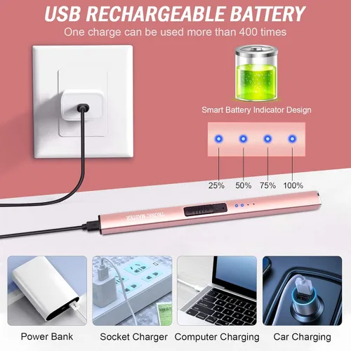 Vista 5 de Encendedor de velas eléctrico, regalo para el día de San Valentín para mujeres, mamá, hombres, esposa, USB de arco recargable, resistente al viento