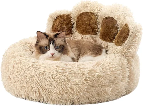 Vista 12 de Jiupety Cama calmante para mascotas en forma de pata, cama de felpa en forma de dona de piel sintética para perros y gatos, lavable a máquina, parte