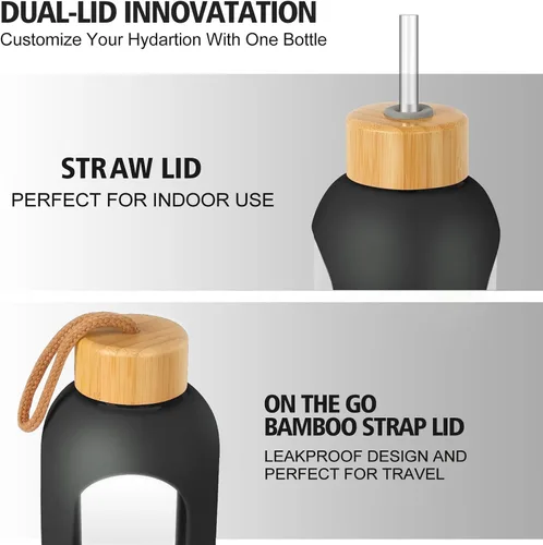 Vista 3 de Botellas de agua de vidrio de 32 onzas, botella de agua motivacional de vidrio con funda de silicona, popote y 2 tapas de bambú, vaso de admisión 1