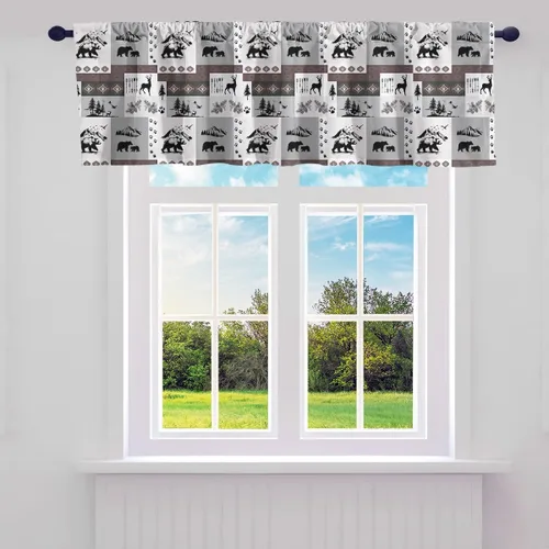 Vista 22 de Cortinas de cenefa de cabaña estilo retro, color negro y rojo, rayas de madera, cenefas de ventana para niños, adolescentes y adultos, oso salvaje