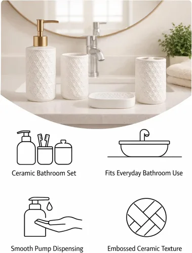 Vista 5 de Juego de accesorios de baño de cerámica, paquete de 4 conjuntos de baño para baño, incluye 1 dispensador de loción, 1 soporte para cepillo