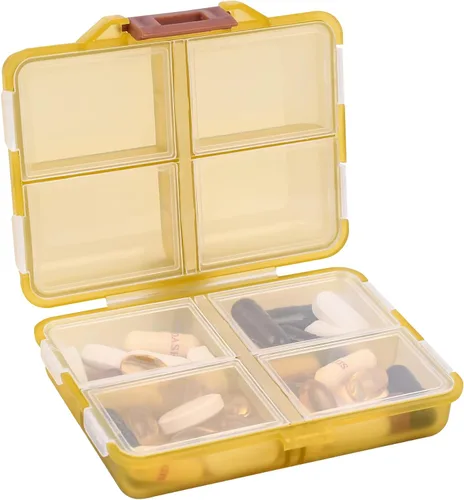Vista 8 de Organizador de píldoras de viaje pequeño con 8 compartimentos en rejilla - Estuche porta medicamentos portátil - Organizador de medicación diario