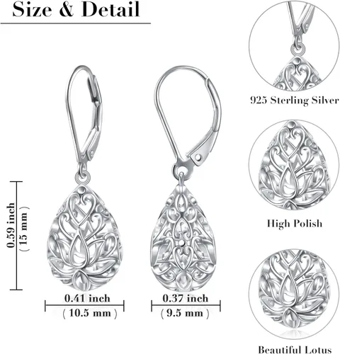 Vista 54 de Aretes colgantes de filigrana de plata de ley 925, margarita, loto, flor de rosa, piedra lunar, lágrima para mujer, nudo celta infinito, margarita
