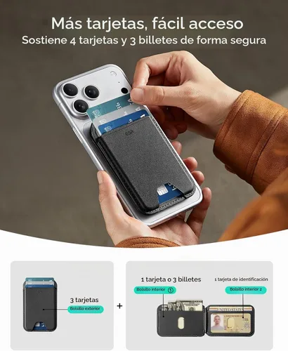 Vista 5 de ESR para cartera MagSafe con soporte, bloqueo RFID con anillo MagSafe, tarjetero de 5 tarjetas para estuche de teléfono, cartera magnética de cuero