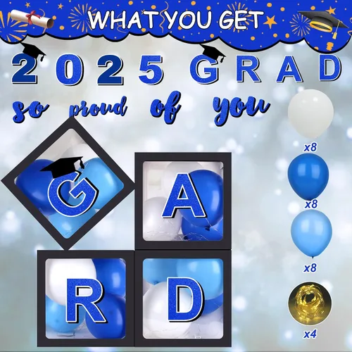Vista 2 de Decoraciones azules para fiestas de graduación 2026, cajas de globos de graduados – 4 cajas de globos negros con 4 cuerdas de luz y letras 2026 Grad