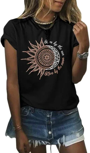 Vista 2 de MaQiYa - Camisetas gráficas de verano para mujer, manga corta, algodón con estampado de sol y luna.