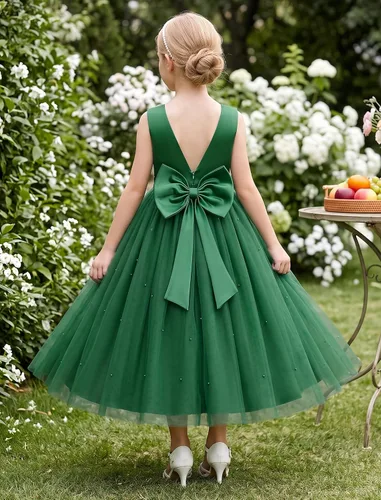 Vista 2 de IBTOM CASTLE Vestido de niña de las flores, vestido de princesa de tul con Verde oscuro
