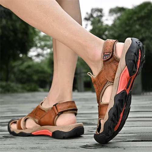 Vista 4 de Sandalias para hombre con punta cerrada, sandalias deportivas de cuero, sandalias de pescador, sandalias casuales para caminar al aire libre
