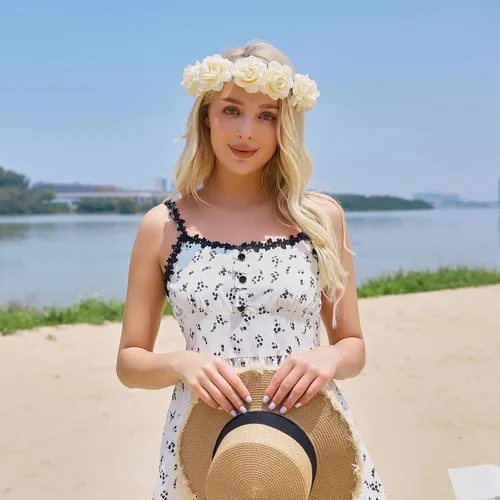Vista 5 de Sombrero de paja para mujer con protección solar UPF 50+, sombrero de flores UV de viaje de verano