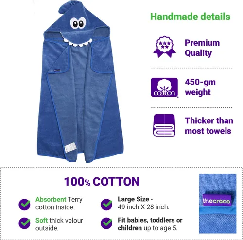 Vista 4 de Toalla de animal con capucha calidad premium: ultra suave, súper absorbente, XL 49 x 28 pulgadas, para niños y bebés, para baño, playa, piscina