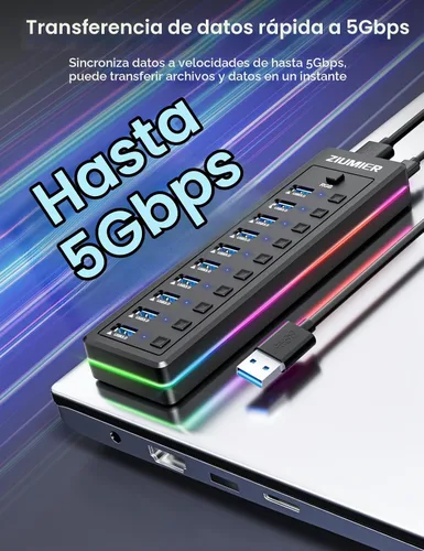Vista 3 de Hub USB alimentado, divisor USB de 10 puertos con tira LED RGB