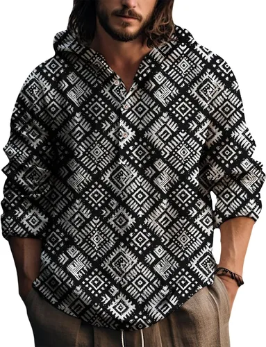 Vista 14 de Sudadera con capucha para hombre, con estampado azteca de otoño, de gran tamaño, manga larga, casual, con capucha
