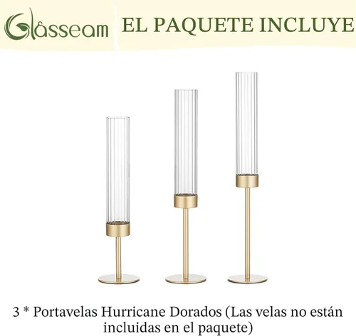 Vista 9 de Candelabros cónicos dorados de huracán: 3 portavelas de latón Glasseam con tapa cilíndrica de vidrio acanalada, candelabros altos estriados