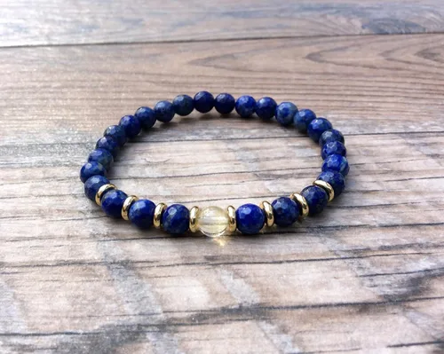Vista 2 de Pulsera de lapislázuli con citrino focal, chakra plexo solar, piedra natal de noviembre