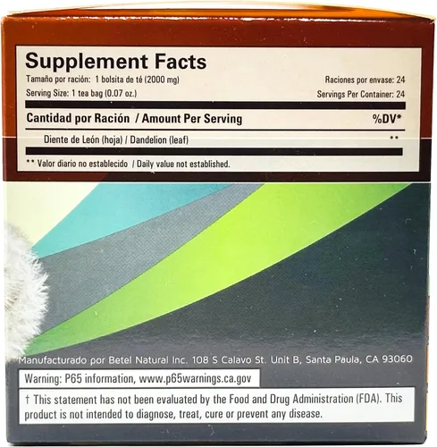 Vista 2 de Betel Natural - Té Diente de León (diente de león) prémium - Desintoxicación y limpieza - 24 bolsas de té
